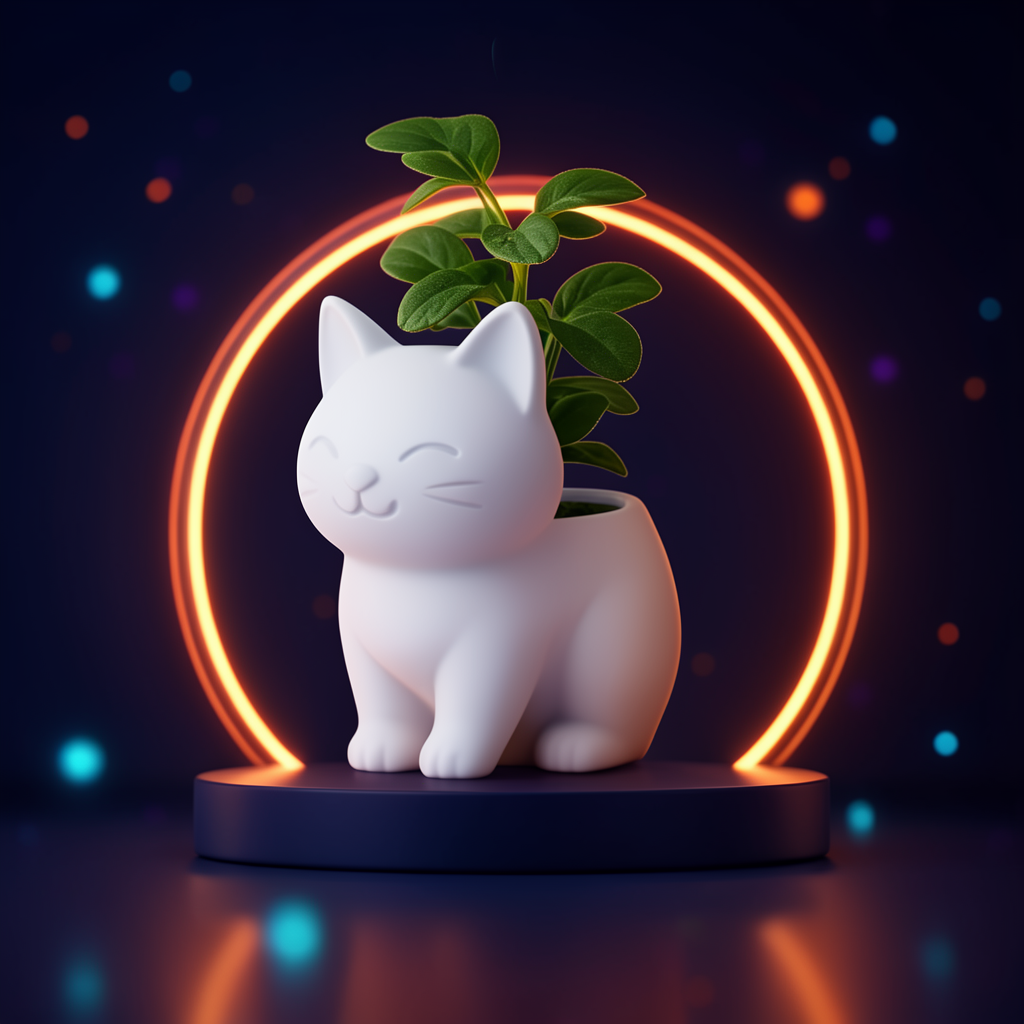 Hana, pot de fleur chat blanc avec une petite plante, posé sur un socle bleu nuit