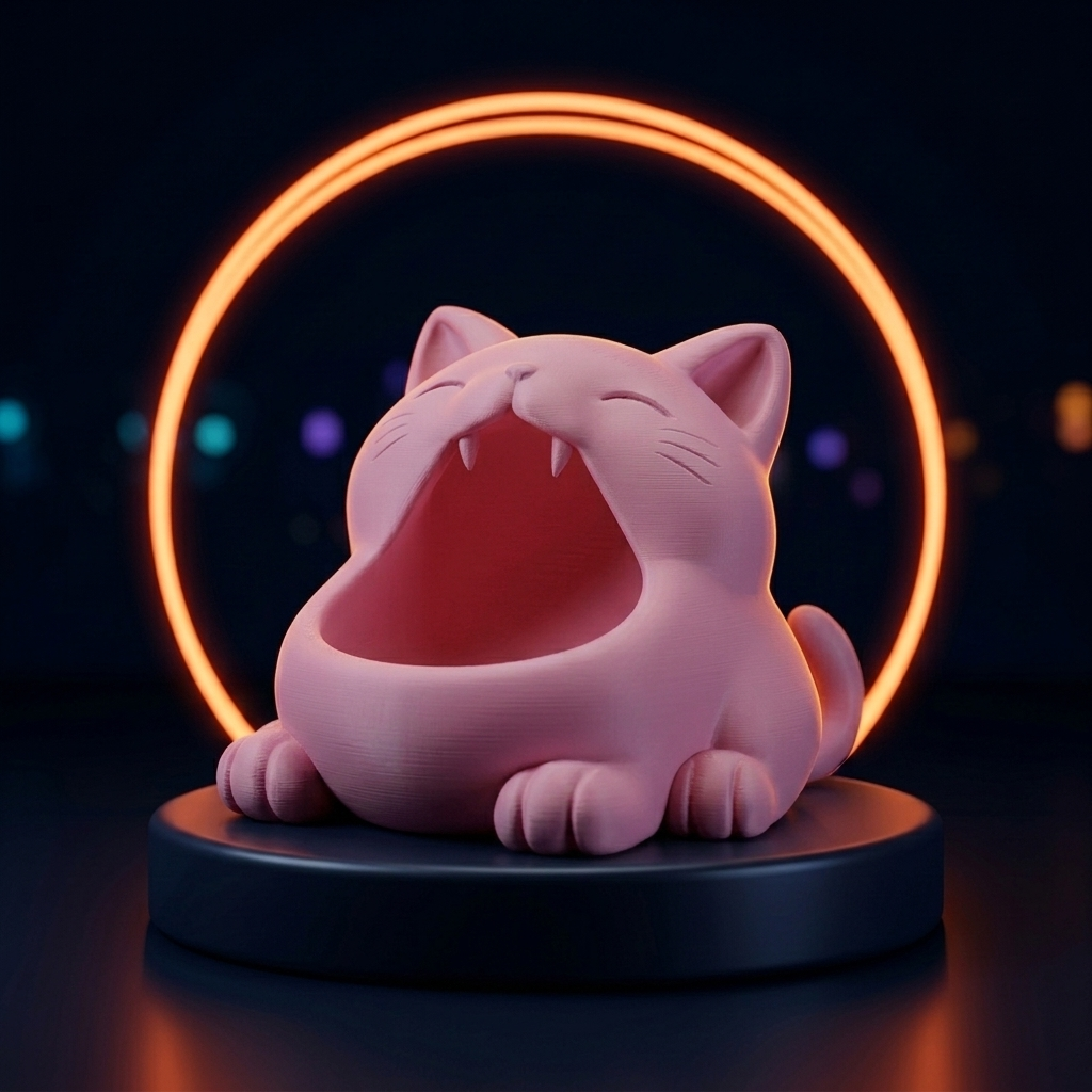Neko, vide-poche chat rose posé sur un socle bleu nuit
