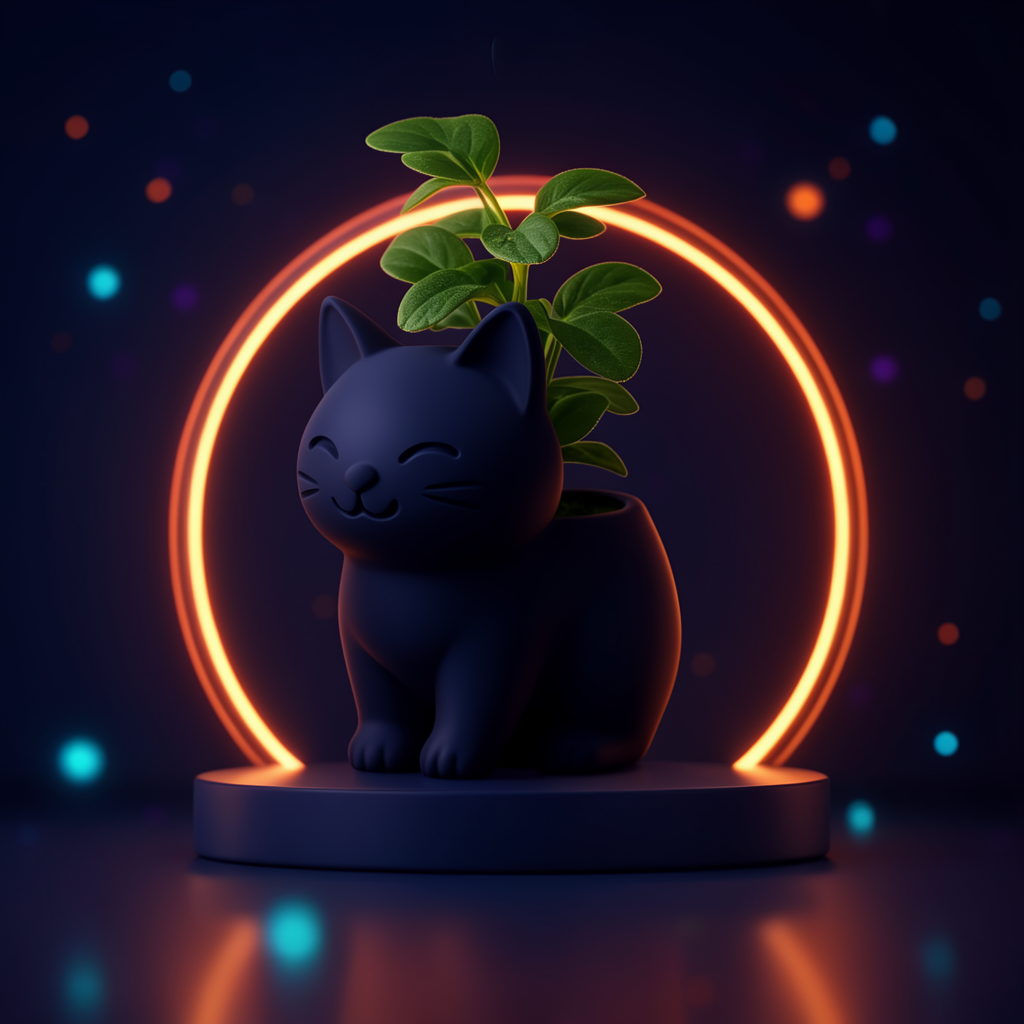 Hana, pot de fleur chat noir avec une petite plante, posé sur un socle bleu nuit