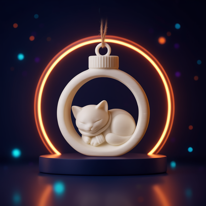 Yume, boule de Noël chat endormi beige, posée sur un socle bleu nuit