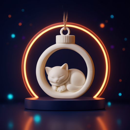 Yume, boule de Noël chat endormi beige, posée sur un socle bleu nuit