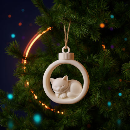 Yume, boule de Noël chat endormi beige, suspendue à un sapin illuminé