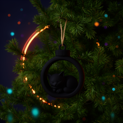 Yume, boule de Noël chat endormi noire, suspendue à un sapin illuminé