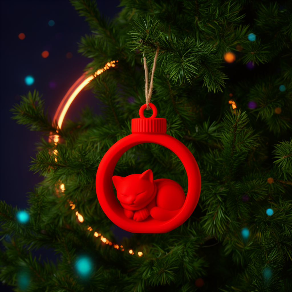 Yume, boule de Noël chat endormi rouge, suspendue à un sapin illuminé