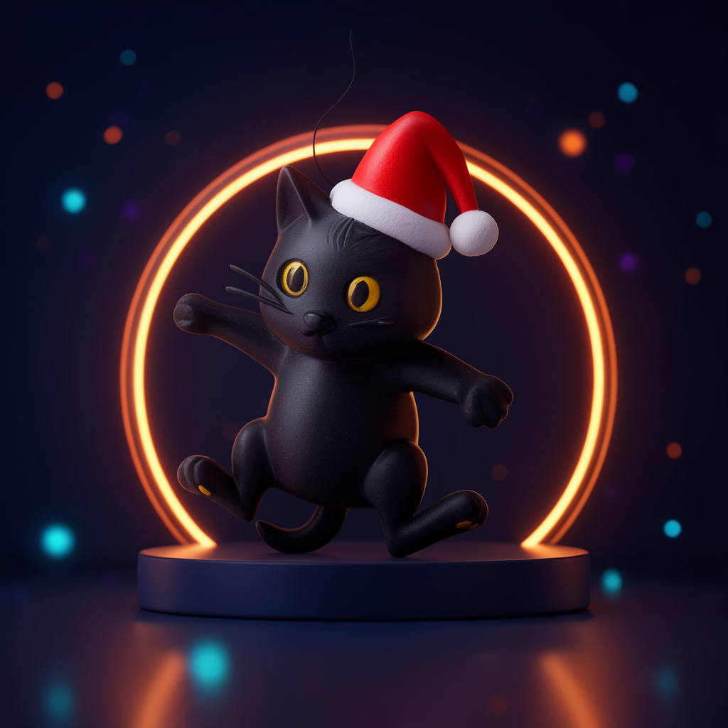 Kuro, décoration de sapin chat noir au bonnet de Noël, posée sur un socle bleu nuit