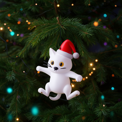 Kuro, décoration de sapin chat blanc au bonnet de Noël, accrochée à un sapin illuminé