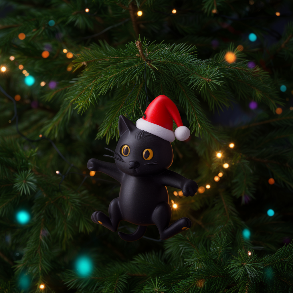 Kuro, décoration de sapin chat noir au bonnet de Noël, accrochée à un sapin illuminé