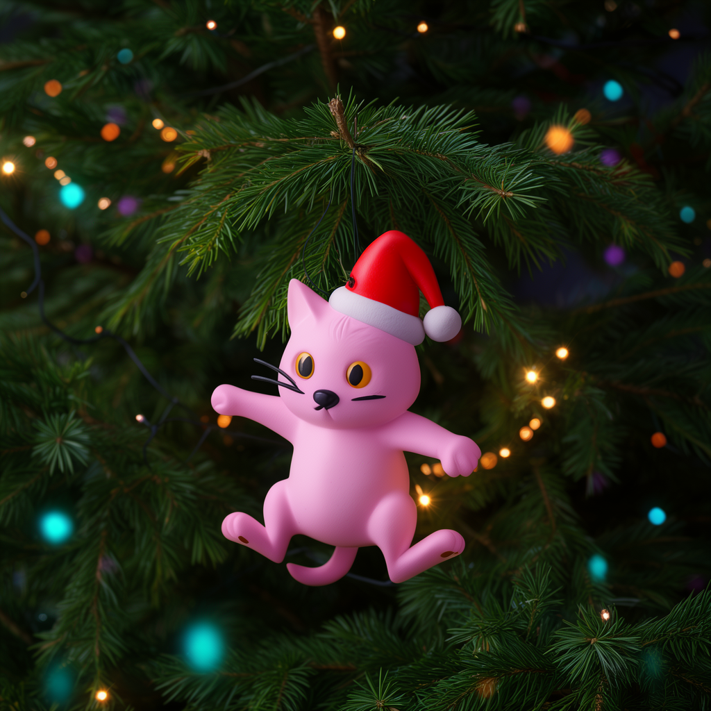 Kuro, décoration de sapin chat rose au bonnet de Noël, accrochée à un sapin illuminé