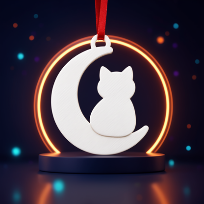 Tsuki, ornement de Noël chat sur la lune blanc, posé sur un socle bleu nuit