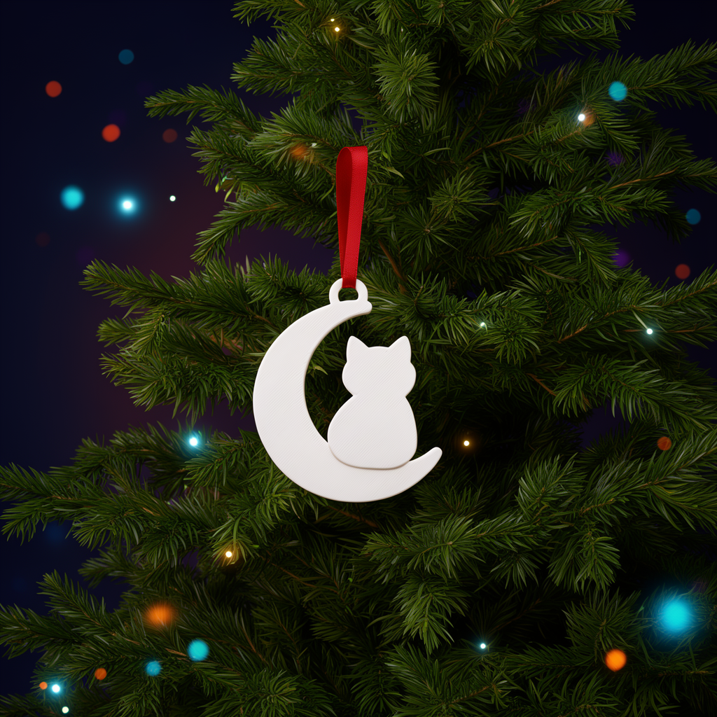 Tsuki, ornement de Noël chat sur la lune blanc, suspendu à un sapin illuminé