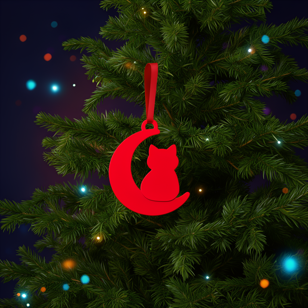 Tsuki, ornement de Noël chat sur la lune rouge, suspendu à un sapin illuminé