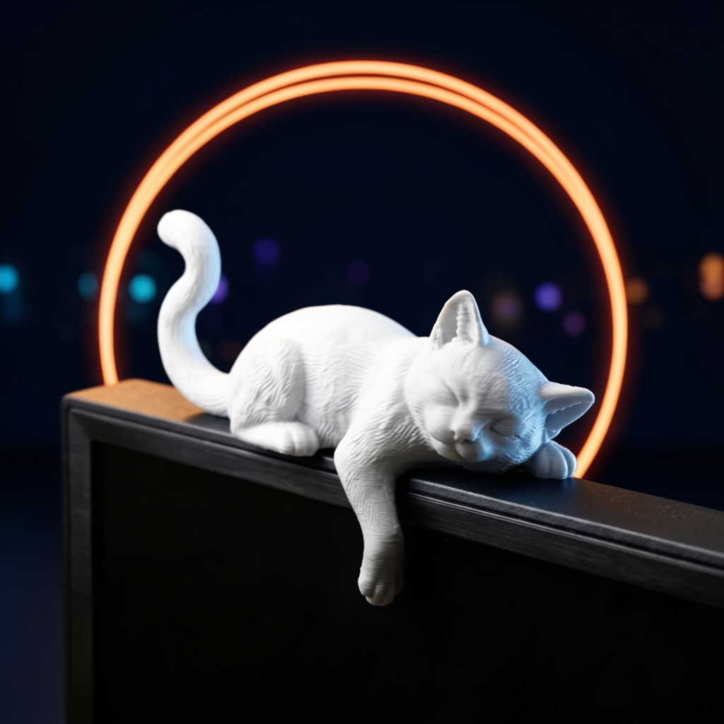 Nemu, chat endormi blanc allongé sur le haut d'un écran d'ordinateur