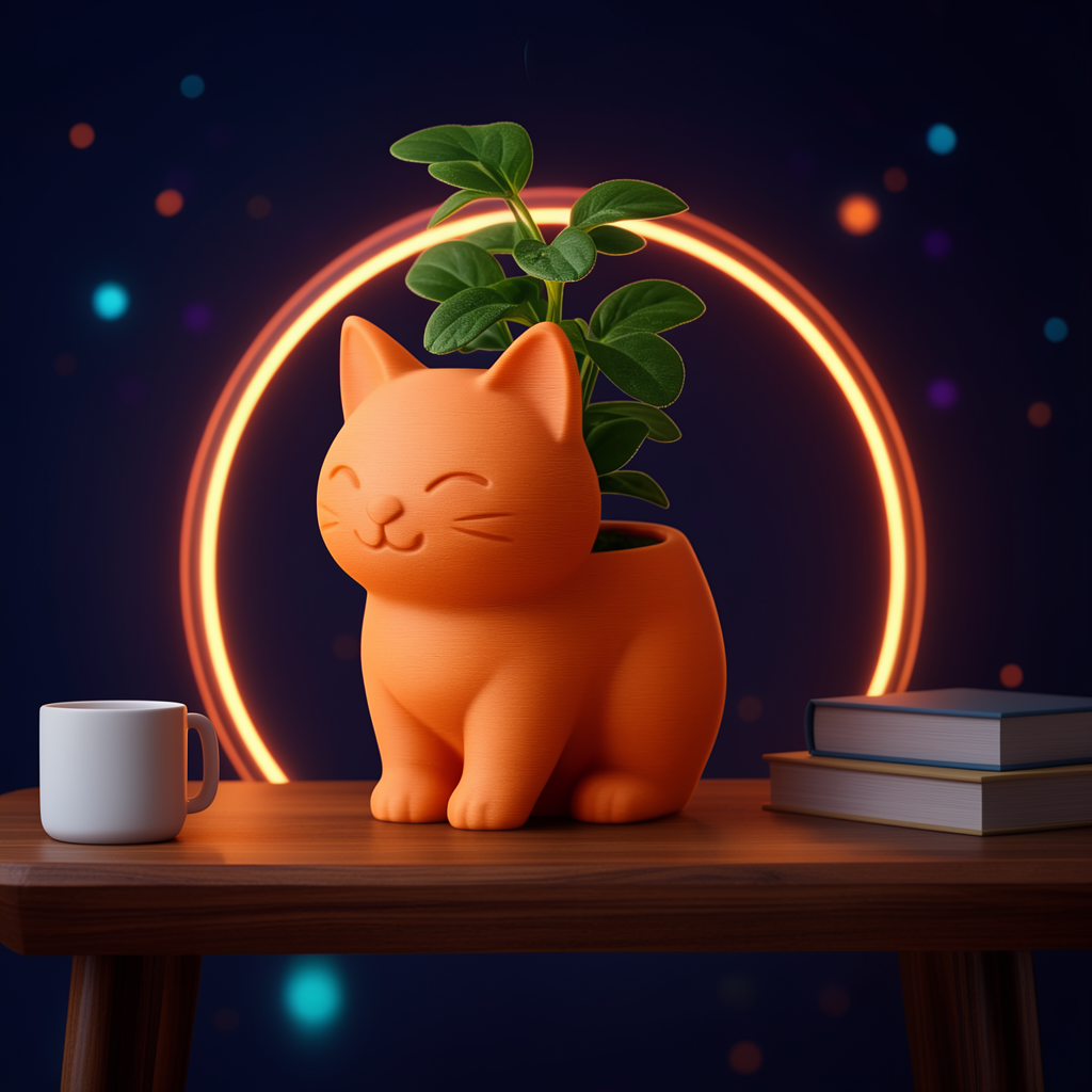 Hana, pot de fleur chat orange avec une plante, posé sur une table en bois près d'une tasse