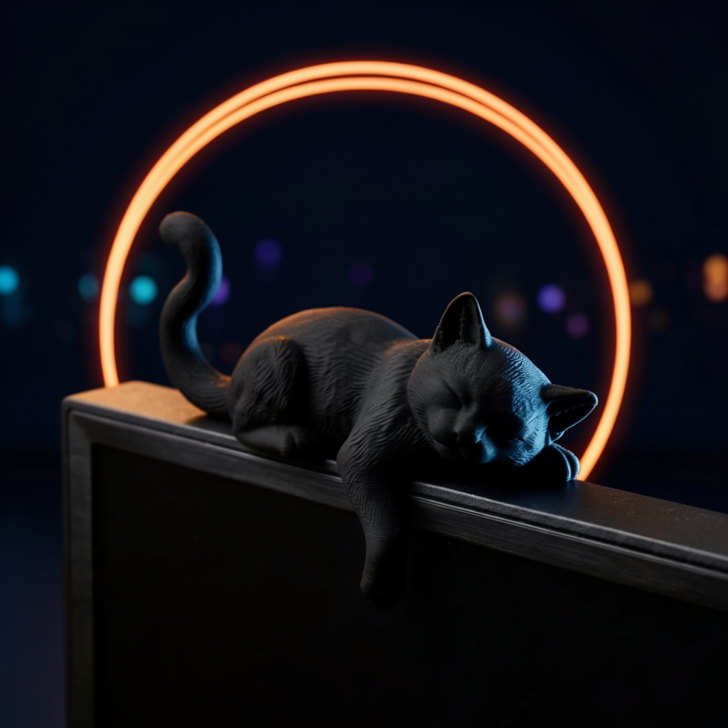 Nemu, chat endormi noir allongé sur le haut d'un écran d'ordinateur