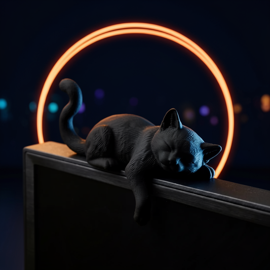 Nemu, chat endormi noir allongé sur le haut d'un écran d'ordinateur