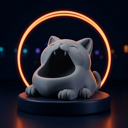 Neko, vide-poche chat gris posé sur un socle bleu nuit