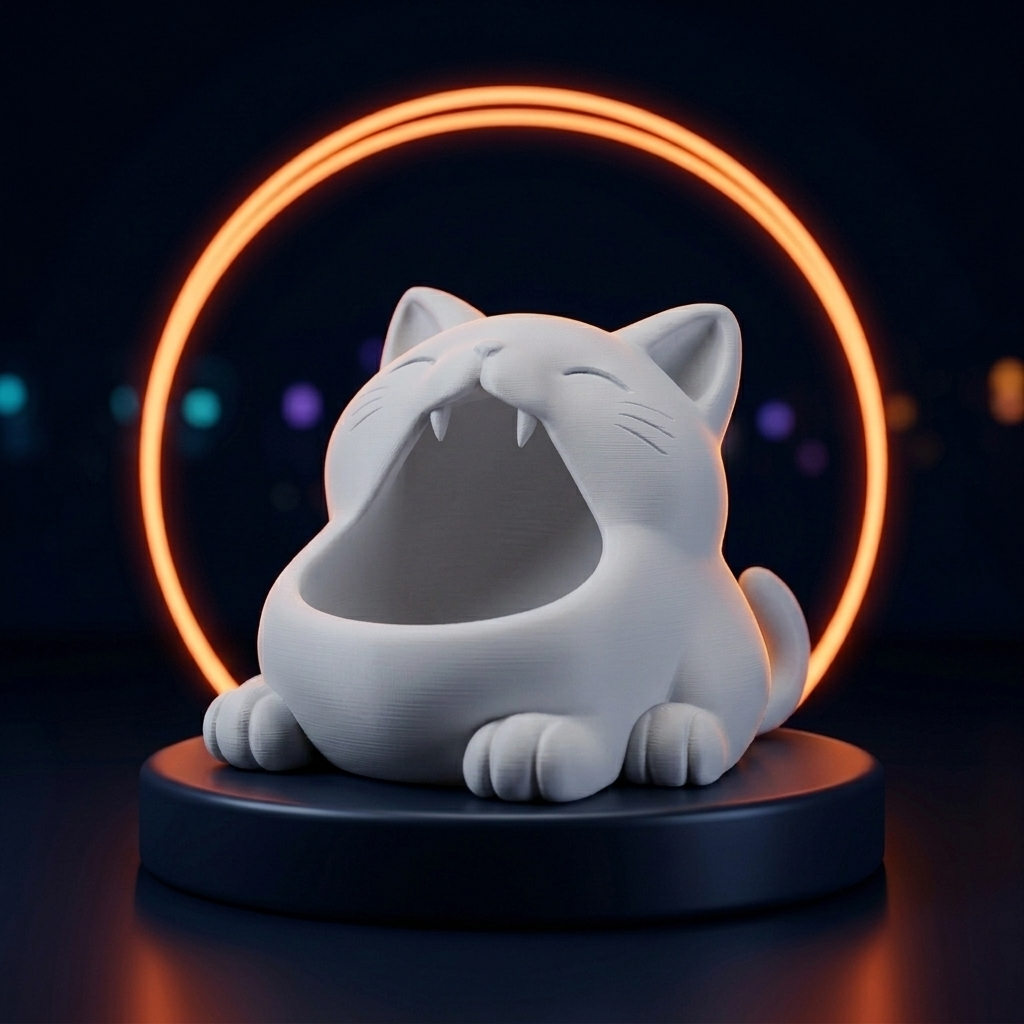 Neko, vide-poche chat blanc posé sur un socle bleu nuit