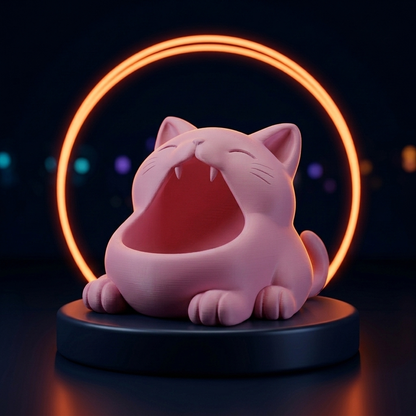 Neko, vide-poche chat rose posé sur un socle bleu nuit